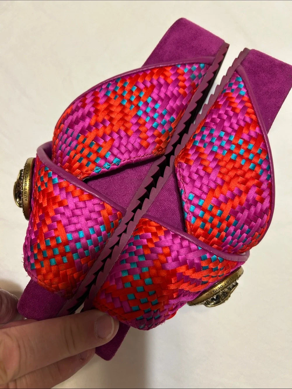 Kurt Geiger Pink Woven Slide Sandals with Decorative Gold Medallion